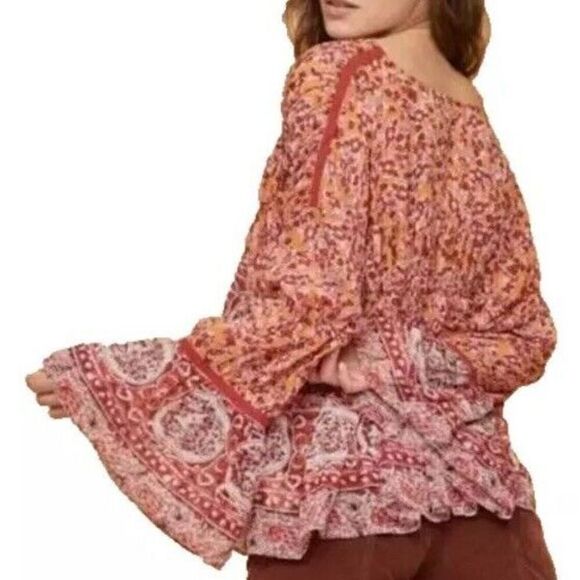 Free People Womens Sz Large Mustard Combo Floral Lorraine Tiered Kimono Top - Picture 13 of 14